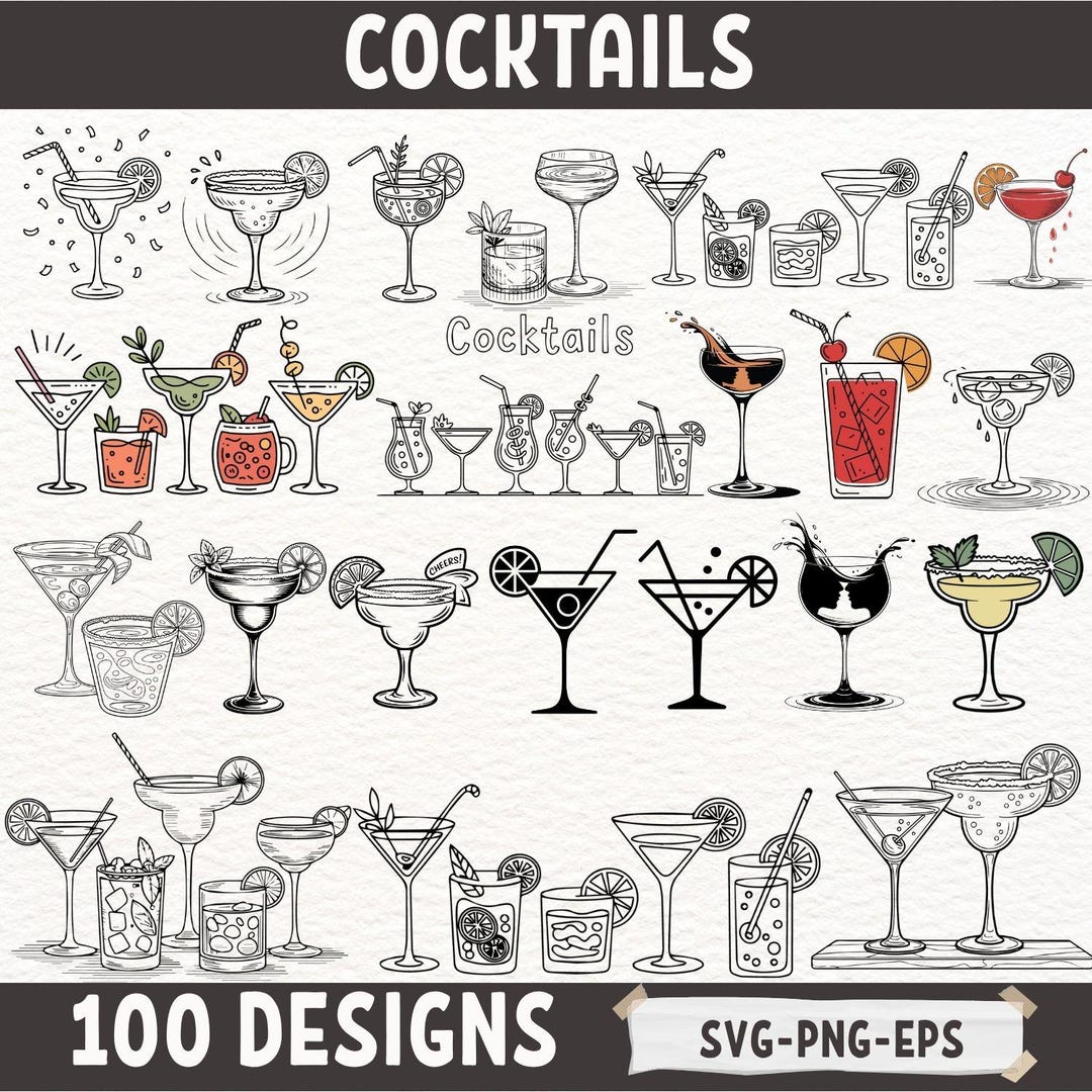 Cocktail Drink Clipart Bundle SVG PNG EPS, Hand Drawn Alcohol Glasses ...
