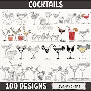 Puede incluir: Ilustración en blanco y negro de 100 diseños de cócteles, que muestran varios estilos de bebidas con adornos como rodajas de cítricos y cerezas. La palabra "COCKTAILS" está en la parte superior, y "100 DESIGNS" en la inferior, con "SVG-PNG-EPS" debajo.