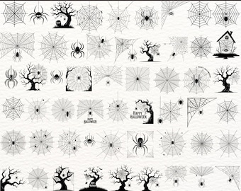 May include: A collection of 100 black and white spider web and spider designs. The designs include various web patterns, spiders, trees, and the text "Happy Halloween". The text "SPIDER" is at the top, and "100 DESIGNS" and "SVG-PNG-EPS" are at the bottom.