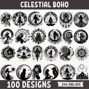 Bundle SVG Boho céleste, 100 modèles de Boho mystique, femme spirituelle lune étoile soleil des cliparts, silhouette de déesse sorcière PNG EPS, art Boho