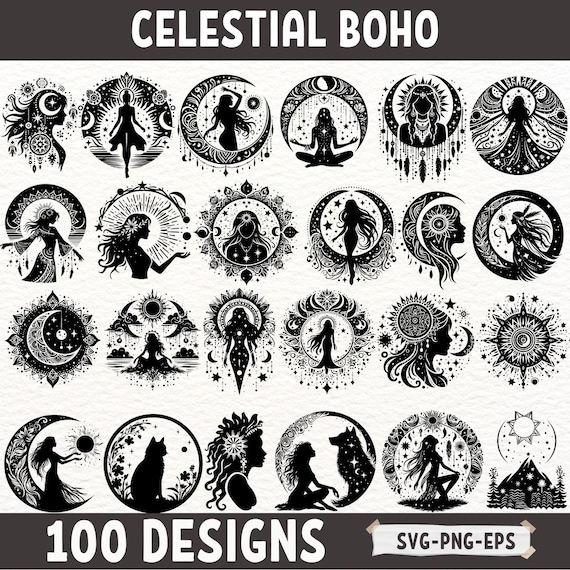 Celestial Boho SVG Bundle, 100 Mystic Boho Designs, Spiritual Woman Moon Star Sun Clipart, Witchy Goddess Silhouette PNG EPS, Boho Art