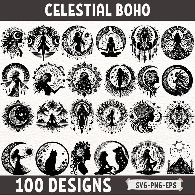 May include: A set of 16 black and white celestial boho design illustrations featuring moons, stars, and women. The designs are perfect for crafting projects, digital downloads, and more.  100 Designs SVG-PNG-EPS