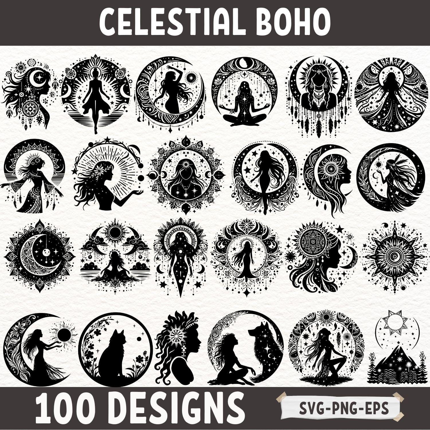 Celestial Boho SVG Bundle, 100 Mystic Boho Designs, Spiritual Woman Moon Star Sun Clipart, Witchy Goddess Silhouette PNG EPS, Boho Art