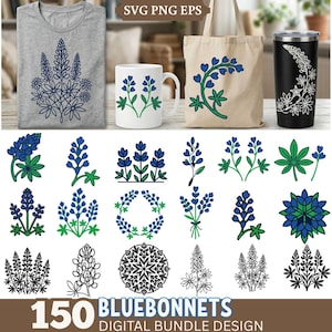 Könnte beinhalten: Eine Sammlung digitaler Designs mit Illustrationen von Blaulupinen. Die Designs sind auf einem grauen T-Shirt, einer weißen Tasse, einer beigen Tragetasche und einem schwarzen Becher abgebildet. Zusätzliche Designs umfassen verschiedene Blaulupinen-Arrangements. Der Text lautet "150 BLUEBONNETS DIGITAL BUNDLE DESIGN."