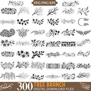 Peut inclure: Une collection d'illustrations graphiques numériques noires représentant diverses branches d'arbres, feuilles, vignes et ornements floraux disposés en grille. Le texte SVG PNG EPS et 300 TREE BRANCH DIGITAL DOWNLOAD FILES est visible.