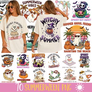 May include: A collection of ten Summerween-themed PNG designs. The designs feature ghosts, skeletons, pumpkins, and other spooky elements enjoying summer activities. Text includes "Spooky Paradise", "Witchy Summer", and "Haunting the Beach".