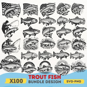 May include: A set of 25 black and white SVG and PNG digital files featuring various illustrations of trout fish. The illustrations include trout fish in different poses, with and without water, and with and without a fisherman. The text "Trout Fish Bundle Design" and "X100" are also included in the image.