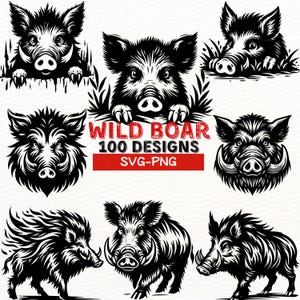 Diseños SVG de jabalí / Paquete de siluetas de jabalí rústico PNG para Cricut y sublimación / Clipart de jabalí salvaje para manualidades y decoración de bricolaje