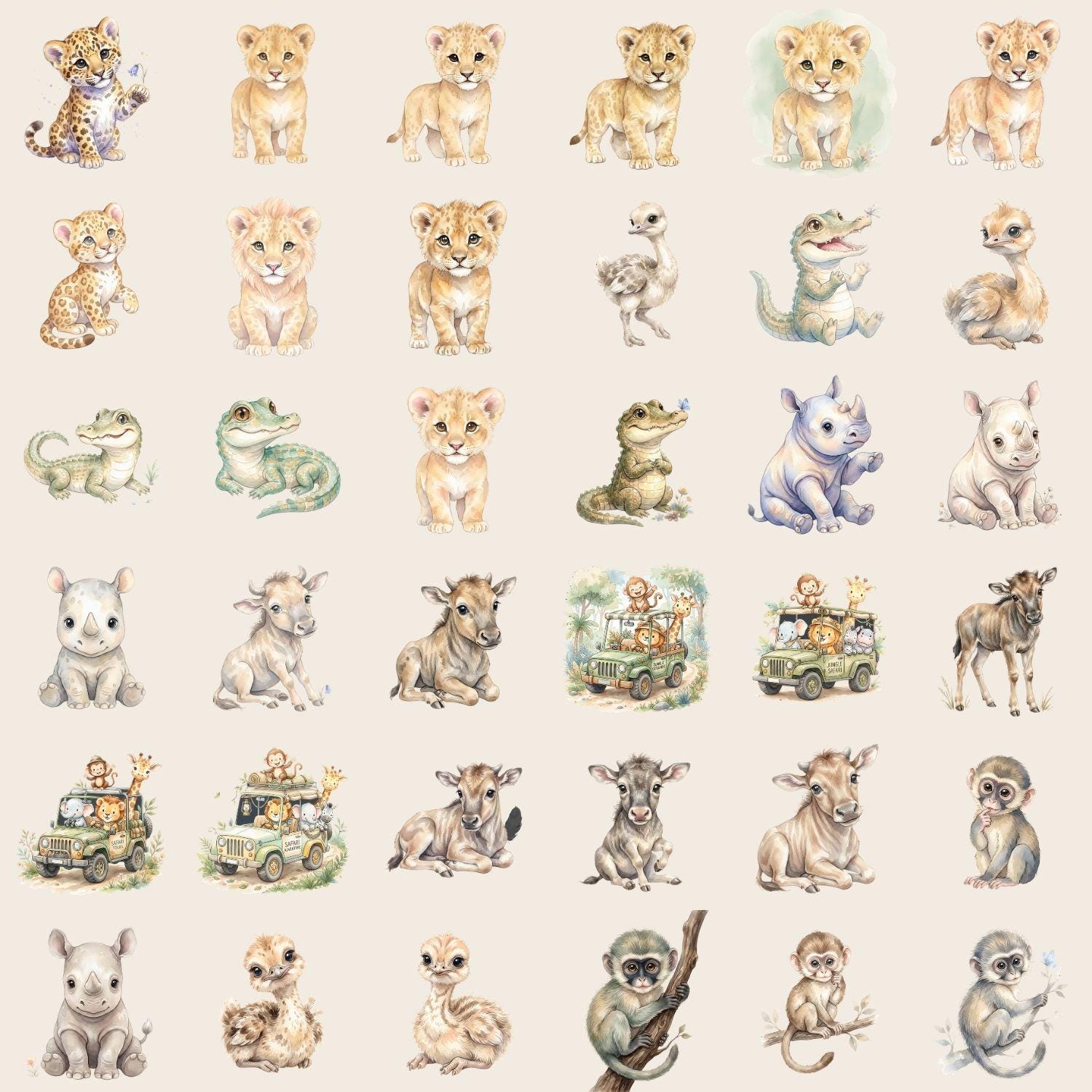 Watercolor Safari Animals Bundle PNG – Jungle Baby Clipart (digital ...