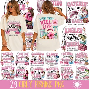 Könnte beinhalten: Cremefarbene T-Shirts mit rosa Angelmotiven. Designs beinhalten Sätze wie "Hooked on Pink Fishing" und "Livin' That Reel Life" sowie Illustrationen zum Thema Angeln. Eine Sammlung von 29 girly Angel-PNG-Bildern.