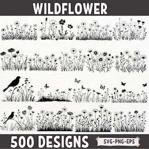 Pacote SVG de flores silvestres, clipart de silhueta de borda floral, arquivos PNG botânicos, arquivos de corte SVG de flores naturais para Cricut e sublimação