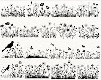 Bundle SVG fleurs sauvages, bordure florale Silhouette Clipart, fichiers PNG botaniques, fleurs nature fichiers SVG coupe pour Cricut et sublimation