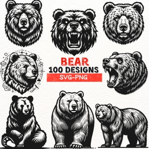 Pacote SVG de urso, 100 arquivos PNG de urso, clipart de cabeça de urso, silhueta de urso pardo, arquivos de corte de animais selvagens para Cricut, pacote de clipart de urso