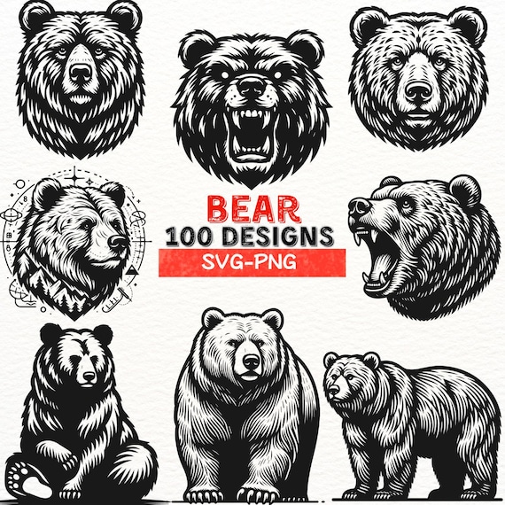 Bear SVG Bundle, 100 Bear PNG Files, Bear Head Clipart, Grizzly Bear Silhouette, Wildlife Animal Cut Files for Cricut, Bear Clipart Pack