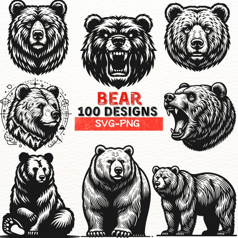 May include: A set of 100 black and white bear illustrations in various poses, including a bear with a mountain scene behind it, a bear with its mouth open, and a bear sitting with its paws crossed. The text "BEAR 100 DESIGNS SVG-PNG" is displayed in red.