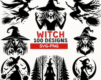 Witch SVG PNG Designs, Halloween Witch Clipart, Spooky Witch Silhouettes, Witch on Broomstick, Witch Hat Digital Cut Files