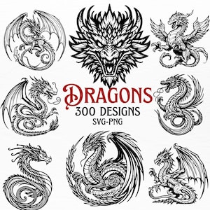 Op de afbeelding: Een set van negen zwart-witte vectorillustraties van draken in verschillende poses. De illustraties zijn in vintage stijl en hebben ingewikkelde details. De tekst "DRAGONS 300 DESIGNS SVG-PNG" wordt onder de illustraties weergegeven.
