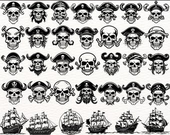 Bundle SVG tête de mort pirate, 120 modèles de tête de mort de pirate, clipart vintage pirate, tête de mort, vecteur de bateau pirate, tatouage tête de mort PNG