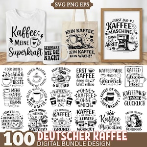 Könnte beinhalten: Eine Sammlung von Designs zum Thema Kaffee, darunter ein weißes T-Shirt, eine Tasse, eine Tragetasche und ein gerahmter Druck. Die Designs zeigen deutsche Sätze und Illustrationen zum Thema Kaffee, wie Kaffeetassen und Kaffeemaschinen. Die Wörter "Kaffee" und "coffee" sind prominent.