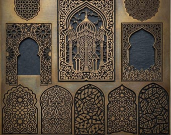 Könnte beinhalten: Eine Sammlung digitaler Dateien mit der Beschriftung SVG PNG EPS DXF, die 70 komplexe arabische Paneeldesigns enthält. Die Muster umfassen verschiedene Bogenrahmen, geometrische Gitterwerke und verzierte architektonische Motive in Dunkelbraun auf Gold.