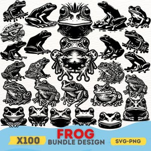 Bundle SVG grenouille - 100 dessins détaillés de grenouille - amphibiens Clipart pour Cricut, Silhouette, fichiers PNG de haute qualité pour projets et créations DIY