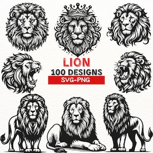 Pacote SVG de Leão | 100 Designs Exclusivos de Leão | Clipart PNG de Leão Rugindo | Arquivos de Corte do Rei da Selva | Cricut Silhouette Svg Png Art