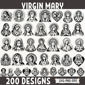Paquete SVG de la Virgen María / 200 diseños de imágenes prediseñadas de la Santísima Virgen María / Imágenes SVG PNG Eps de la Santa Madre Católica / Ilustraciones del Sagrado Corazón