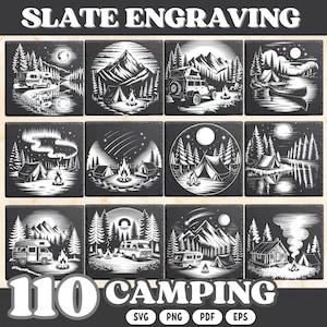 Puede incluir: Una colección de once grabados en pizarra negra con diseños blancos con temática de camping. Cada cuadrado presenta una escena al aire libre diferente, incluyendo tiendas de campaña, fogatas, montañas y vehículos. También está presente el texto "SLATE ENGRAVING" y "110 CAMPING".