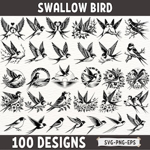 Paquete SVG de golondrina, 100 diseños de tatuajes de golondrinas, clipart vintage de golondrina, silueta de ave en vuelo, gorrión PNG, archivos de sublimación de Cricut