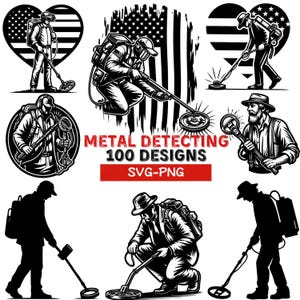 Pacote SVG de Detecção | Clipart de Caçador de Tesouros para Cricut | Arquivos PNG de Detector de Metais | Designs Vintage de Detecção de Metais para Sublimação