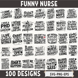 Bundle SVG infirmière sarcastique – 100 fichiers IA drôles de citations Png Eps pour Cricut Silhouette – dessins humour soins infirmiers pour le personnel médical des urgences
