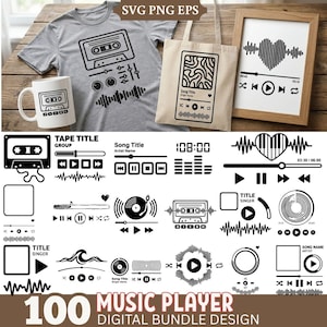 Puede incluir: Una colección de diseños digitales con temática musical, que incluye una camiseta gris, una taza blanca y un bolso tote beige, cada uno con un gráfico de cinta de cassette y ecualizador. Una impresión enmarcada muestra una onda de sonido en forma de corazón. También se ve el texto "100 MUSIC PLAYER DIGITAL BUNDLE DESIGN".