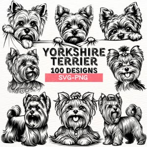 Yorkshire Terrier SVG-bundel, schattige Yorkie clipart, hondenras png-bestanden, Terriër silhouet kunst, Yorkshire Terrier digitale ontwerpen