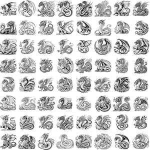 May include: A black and white illustration of 100 different dragon designs. Each dragon is depicted in a unique pose and style, with intricate details and a variety of wing shapes.