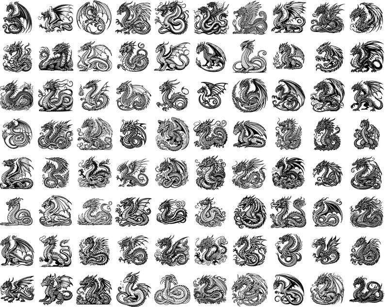 May include: A black and white illustration of 100 different dragon designs. Each dragon is depicted in a unique pose and style, with intricate details and a variety of wing shapes.