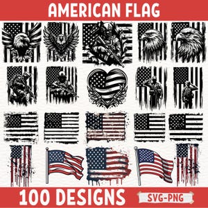 Pacote SVG de Bandeira Americana | 100 Desenhos Patrióticos | Águia, Soldado e Coração | Bandeira dos EUA Svg e Png | Clipart de Bandeira Vintage e Desgastada