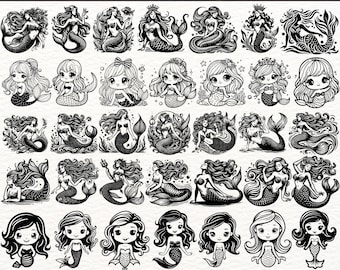 Mermaid SVG Bundle, 100 Cute Mermaid Clipart, Black and White Mermaid PNG, Mermaid Silhouette Vector, Mermaid EPS Files for Cricut