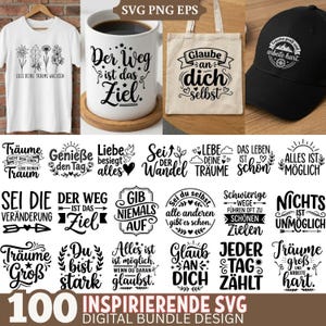 Puede incluir: Una colección de diseños SVG inspiradores. Incluye una camiseta blanca con gráficos florales, una taza de café, un bolso de mano y una gorra negra, todos con citas motivacionales. También presenta varios diseños SVG con afirmaciones positivas.