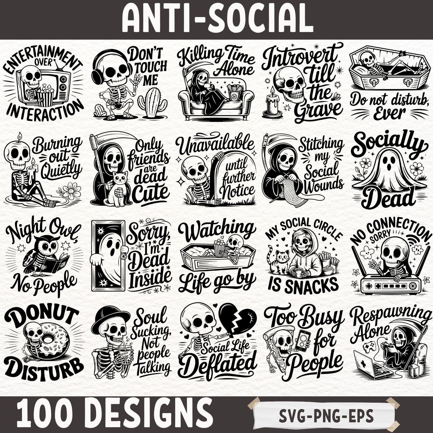 Anti Social Skeleton SVG Bundle Funny Ghost Quotes PNG EPS Introvert ...