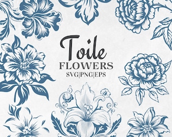 Toile de Jouy Floral Clipart Bundle, 100 Vintage Blue Flowers PNG SVG EPS, Hand Drawn Botanical Illustrations, Digital Scrapbooking