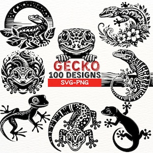 Peut inclure: Plusieurs motifs de geckos en noir et blanc. L'image présente diverses illustrations de geckos, certaines avec des éléments floraux et décoratifs. Le texte indique "GECKO 100 DESIGNS SVG-PNG".