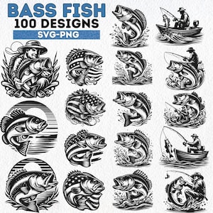 Bass Fishing SVG Bundle, 100 modèles de bar, pêcheur PNG, Clipart SVG de bateau de pêche, poisson coupé fichiers pour Cricut, décalcomanies de pêche