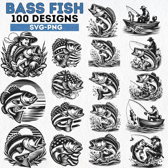 Bass Fishing SVG Bundle, 100 Bass Fish Designs, Fisherman PNG, Fishing Boat SVG Clipart, Fish Cut Files for Cricut, Fishing Decals