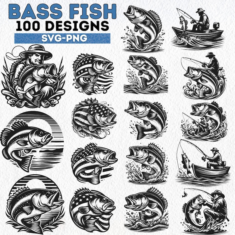 Bass Fischen SVG Bundle, 100 Bass Fisch-Designs, Fischer PNG, Fischerboot SVG Clipart, Fisch Cut Files für Cricut, Angeln Abziehbilder Bild 1