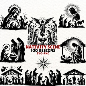 Krippe SVG Bundle, 100 religiöse Designs, PNG Clipart, Weihnachtskrippe Kunst, digitaler Download, Jesus Geburt Silhouette