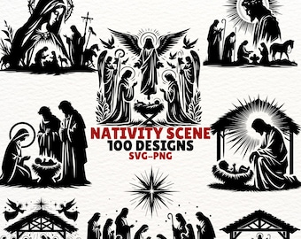 Nativity Scene SVG Bundle, 100 Religious Designs, PNG Clipart, Christmas Manger Art, Digital Download, Jesus Birth Silhouette