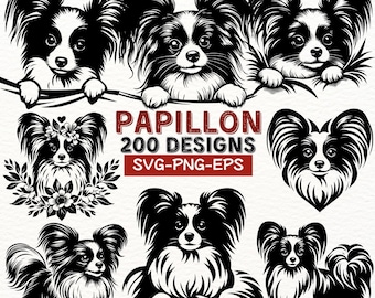 パピヨン SVG バンドル、PNG、犬のクリップアート、手描きの犬の