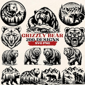 Puede incluir: Una colección de 200 diseños de osos grizzly en blanco y negro. Los diseños presentan osos en varias poses, incluyendo de pie, sentados y caminando. Algunos diseños incluyen montañas, árboles y peces. El texto "Grizzly Bear 200 Designs SVG-PNG" se muestra en rojo.
