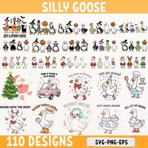 May include: A selection of 110 goose designs available in SVG, PNG, and EPS formats. The illustrations depict geese in diverse costumes and themes, such as Halloween, Christmas, and everyday scenarios. Text includes "Silly Goose", "Just a Spooky Goose", and "Honk if you're a Silly Goose".