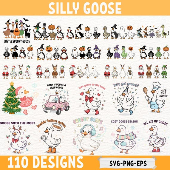 Funny Silly Goose SVG Bundle | 110 Cute Goose Designs for Cricut and Silhouette | Christmas Halloween Retro Goose Clipart PNG EPS Files